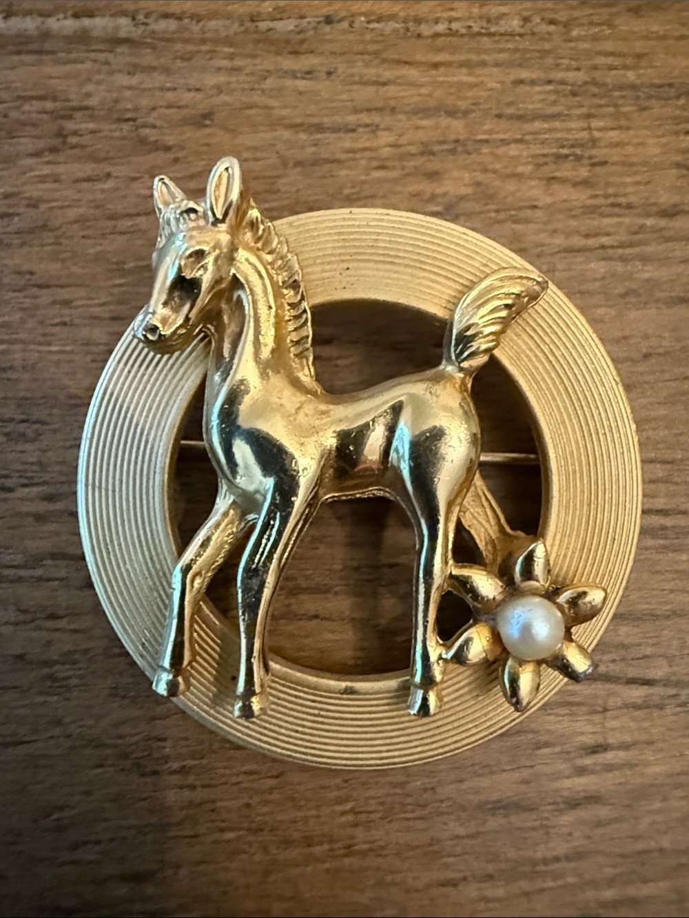 Vintage Gold Pony Pin with Pearl Accent